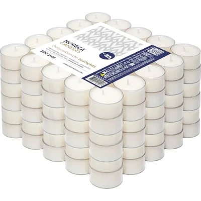 Afbeelding van Horeca Candles 200 stuks witte theelichtjes Levensduur 8 uur Geurloos, geurvrij Set van Helder plastic glas