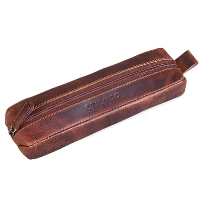 Afbeelding van STILORD &#039;Quinn&#039; Pennenetui van leer, vintage, pennenetui, pennenhouder, schooltas, voor heren en dames, Kara Cognac, Modern