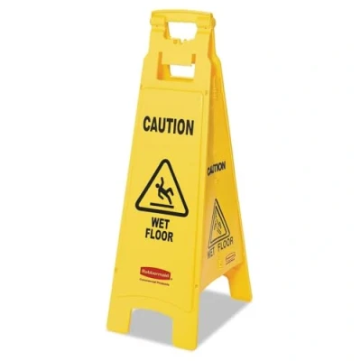 Afbeelding van Rubbermaid Commercial Products FG611477YEL Bodemschild, 4 pagina&#039;s, met opschrift &quot;Caution/Wet Floor&quot; (let op, natte vloer), geel