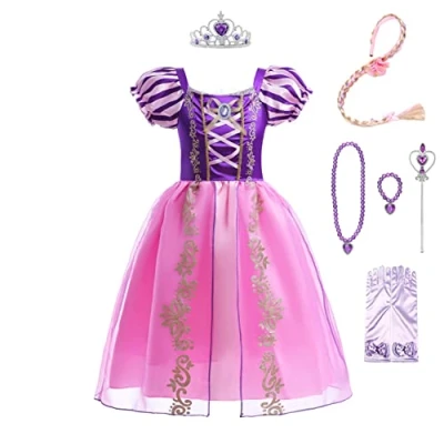 Afbeelding van Lito Angels Deguisement Robe Costume Princesse Raiponce avec Accessories Enfant Fille, Taille 10 ans (étiquette en tissu 10), Manches Bouffants