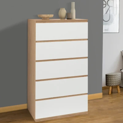 Image de Chiffonnier 5 tiroirs TOMI 60 cm commode semainier bois façon hêtre et blanc