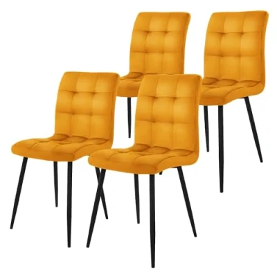 Afbeelding van ML Design Set van 4 eetkamerstoelen, mosterdgeel, fluwelen bekleding, zwarte metalen poten, met ergonomische rugleuning, modern design, voor woonkamer, kantoor, slaapkamer, keuken, eettafel