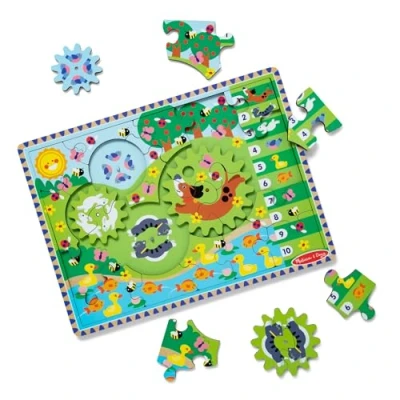 Afbeelding van Melissa &amp; Doug Houten legpuzzel met draaiende tandwielen en dierentafereel 24 stukjes