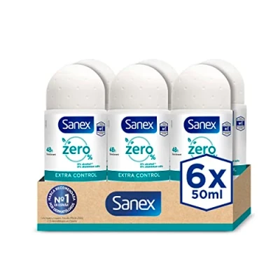 Afbeelding van Sanex Zero% Extra Control Roll On Deodorant, 50 ml, 48 uurs bescherming, 0% alcohol, aluminiumzouten, verzorgt en houdt de huid gezond, remt vorming van lichaamsgeur. Set 6.