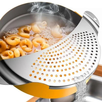 Afbeelding van 4happy Pastazeef afdruiphulp voor pasta, aardappelen, groenten, platte en stabiele zeef van roestvrij staal potten pannen tot Ø 26 cm