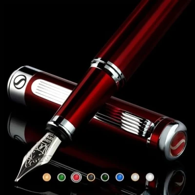 Afbeelding van Rode Lak Vulpen Scriveiner Prachtige Pen met Chrome afwerking, Schmidt 18K Vergulde Penpunt (medium), Beste Gift Set voor Mannen &amp; Vrouwen, Professioneel, Executive, Kantoor, Mooie Pennen