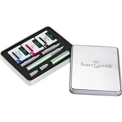 Afbeelding van Faber Castell 201513 Grip kalligrafieset Pearl Mint F vulpen met reserveveren 1,4 mm en 1,8 inktpatronen zwart, roze, koningsblauw
