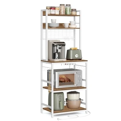 Afbeelding van VASAGLE KKS037W41EU Keukenrek met stopcontacten en roosterplaat 14 haken (40 x 60 170 cm, walnootbruin wit)