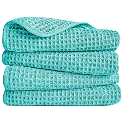Afbeelding van POLYTE Set van 4 pluisvrije microvezel handdoeken, 40 x 76 cm, aqua, wafelweefsel