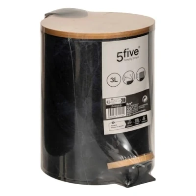 Afbeelding van 5Five Prullenbak/pedaalemmer Marmer look zwart 3 liter metaal/bamboe 17 x 25 cm soft close