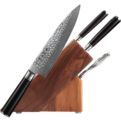 Afbeelding van Luxe en Professionele 5 delige Keukenmessen set van Damascus Staal (67 lagen, VG10) HEZHEN B1Z Series Vlijmscherpe Stalen Lemmeten Handvat Ebbenhout Koksmes + Santokumes Groentemes Blok Keukenschaar