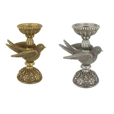 Afbeelding van Kroonkandelaar DKD Home Decor 17 x 11 25 cm Zilverkleurig Gouden Hars Fågel (2 Stuks)