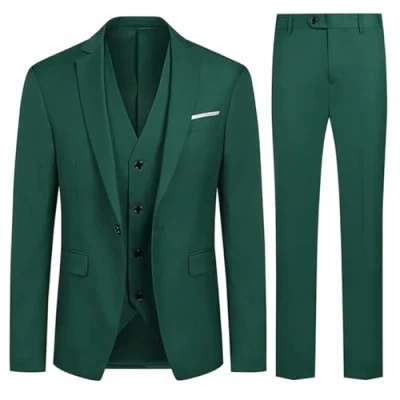 Afbeelding van Herenkostuum, 3 delig, smalle pasvorm, bruiloft, smoking, één knoopsluiting, jas, vest, broek, Groen