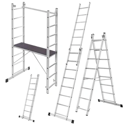 Afbeelding van KADAX Aluminium steiger, 114 x 214 cm, steiger met 16 treden, multifunctionele ladder platform en antislipvoetjes