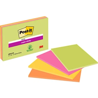 Afbeelding van Post it Super Sticky Meeting notes, 45 vel, ft 152 x 203 mm, geassorteerde kleuren, pak van 4 blokken memoblok