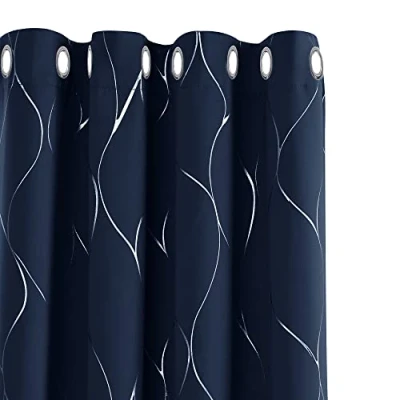 Afbeelding van Deconovo 2 stuks verduisteringsgordijnen, warmte isolerend, met ringen, zilverkleurig, marineblauw, 132 x 138 cm, keukengordijn