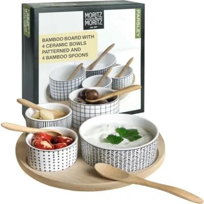 Afbeelding van Moritz &amp; Parsley Serveerset, 9 delig, voor tapas snacks, voorgerechten, keramische kommen, dienblad van bamboe