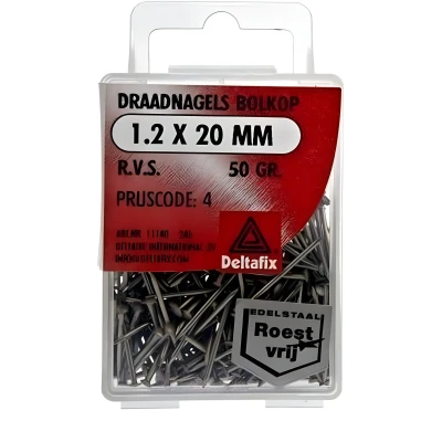 Afbeelding van Draadnagel bolkop RVS 1.2x20mm. lang. 50 gram spijkers. deltafix.