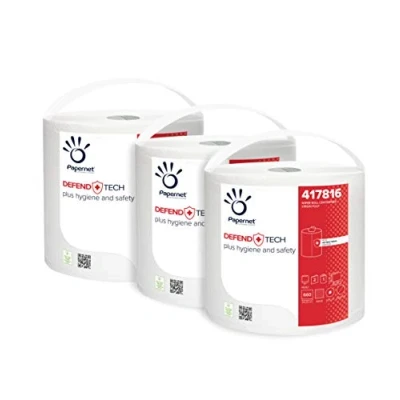 Afbeelding van Papernet Defend Tech 417815 papierrol met centrale afvoer, 6 rollen (115 m), 100% cellulose, antibacteriële formule, dubbele dikte, 330 vellen van 19,7 x 35 cm per rol