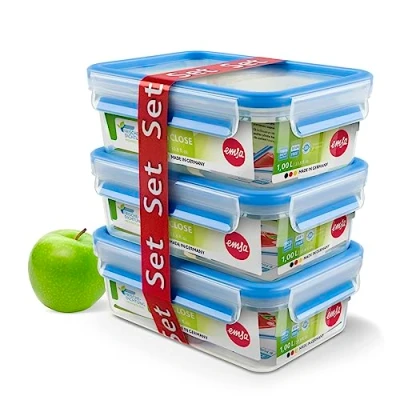 Afbeelding van Emsa Food Clip &amp; Close Vershoudbakjes 508558, 3 Delig, Plastic, 1 L, Transparant/Blauw