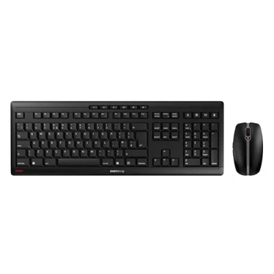Afbeelding van CHERRY STREAM DESKTOP, draadloos toetsenbord en muisset, UK lay out (QWERTY), 2,4 GHz radio aansluiting, stille toets, platte toetsen, werkt op batterijen, zwart