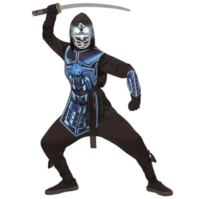 Afbeelding van Widmann Kinderkostuum Cyber Ninja, bovendeel met capuchon, uitrusting, riem, armbeschermers, masker oplichtend en geluid, Halloween, carnaval, themafeest