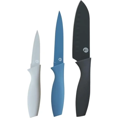 Afbeelding van MasterChef Set van 3 roestvrijstalen keukenmessen, scherp lemmet met krasbestendige coating, zachte handgrepen, blauw