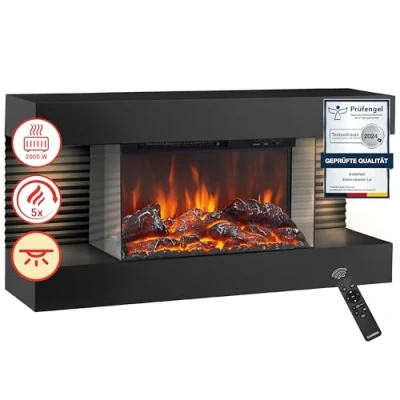 Afbeelding van KAMINIO Elektrische haard LIZ wandhaard met verwarming, 3D vlameffect, LED sfeerverlichting, afstandsbediening Zwart