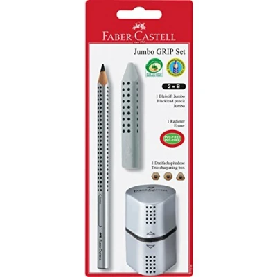 Image de FABER CASTELL Set &quot;GRIP 2001&quot; , argent, sur carte blister, contenu: 1x crayon &quot;JUMBO GRIP&quot; (grip soft, avec champs d&#039;identification, triangulaire) + gomme en