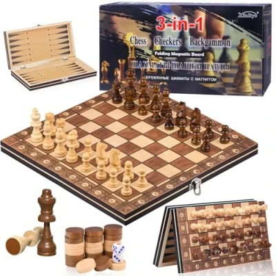 Afbeelding van HOVIBU 3 in 1 magnetisch schaakbord van hout, opvouwbaar, schaakbord, draagbaar voor kinderen en volwassenen, feesten, gezinsactiviteiten