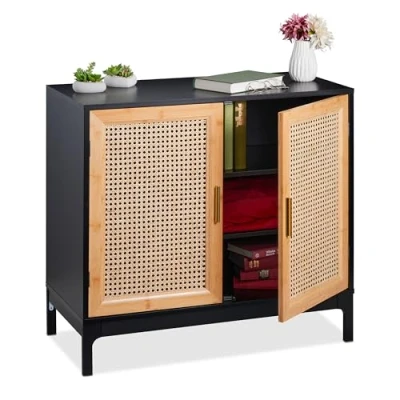 Afbeelding van Relaxdays Rotan dressoir gevlochten 76 x 80 39 cm (h b d), woonkamercommode, 2 deuren, MDF en bamboe, zwart/naturel