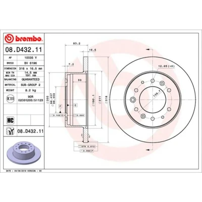 Afbeelding van BREMBO 08.D432.11 Remschijf 316 16,5 6 volledig Gecoat High carbon HYUNDAI: H350 Minibus, Platform / Chassis