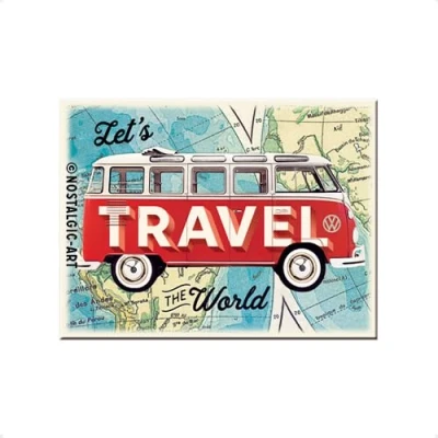 Afbeelding van Nostalgic Art VW Bulli Let&#039;s Travel The World Retro koelkastmagneet bus metaal vintage 6x8cm