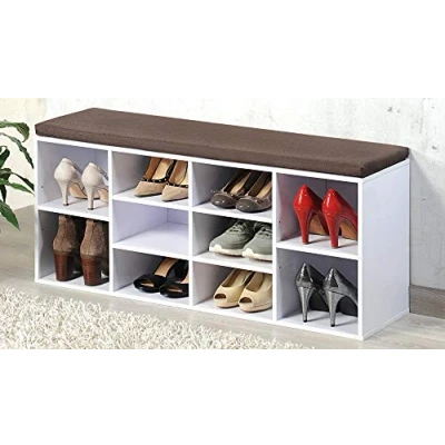 Afbeelding van Schoenenkast met zitkussen Bruin zit kussen Schoenenrek Afm. 103,5 x 29,5 48 Cm. Kleur: WIT
