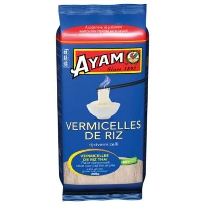 Afbeelding van AYAM Rijstvermicelli, 100% natuurlijk, glutenvrij, eenvoudig en snel thuis te koken, klaar in 5 minuten, noedels, zonder conserveringsmiddelen additieven, 200 g, 1 stuk