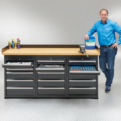Afbeelding van Werkbank PRO met eiken werkblad en 18 lades 200 cm