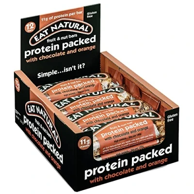 Afbeelding van Eat Natural 12 stuks eiwitrepen van chocolade en sinaasappel, fruit noten 45 g met pinda&#039;s, abrikozen amandelen 11 eiwit per reep glutenvrije proteïnereep