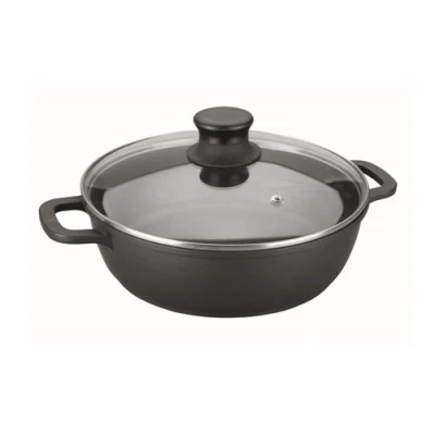 Image de Faitout bas 24 cm en Fonte d&#039;aluminium avec couvercle verre Lacor Noir Aluminium