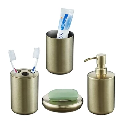 Afbeelding van Relaxdays Badkameraccessoires 4 delige set badkamerset modern rvs mat goud