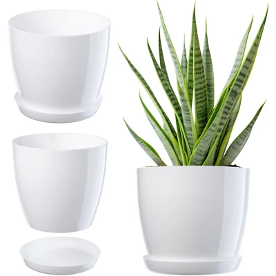 Afbeelding van KADAX Elegante bloempot, plantenpot met onderzetter, ronde bloempot van kunststof, voor bloemen, schotel, geschikt binnen, Ø 16 cm, Wit