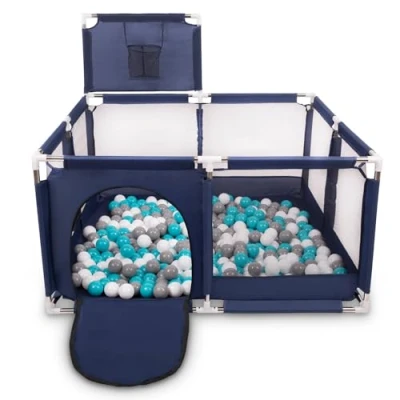 Afbeelding van Selonis kinderbox met mand en 400 ballen, blauw:grijs/wit/turquoise
