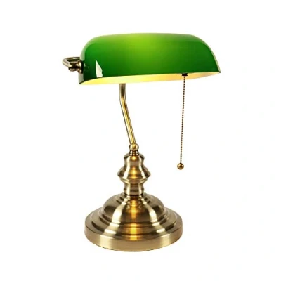Afbeelding van Newrays groen glazen bankiers bureaulamp met pull chain switch plug in armatuur, satijn messing afwerking