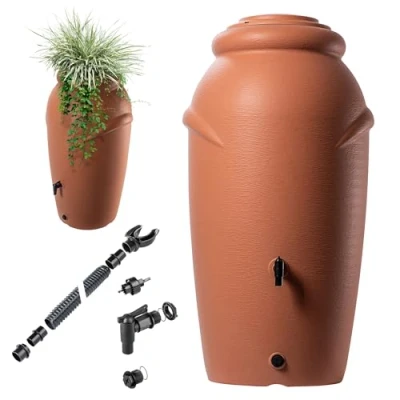 Afbeelding van KADAX Regenton van kunststof, 210 l, regenwaterreservoir met kraan, plantenbak en deksel, decoratieve regentank, vorstbestendig