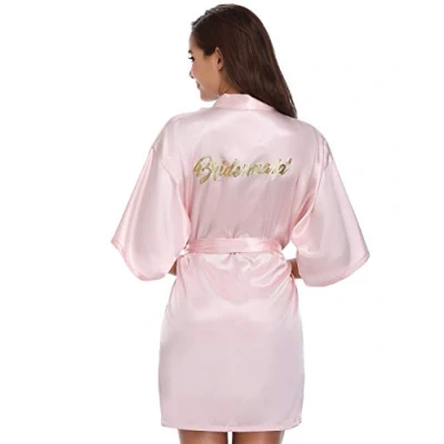 Afbeelding van Vlazom Satijnen kimono kamerjas voor bruidsmeisjes, bruidsjurk met gouden pailletten of strassen, B roos