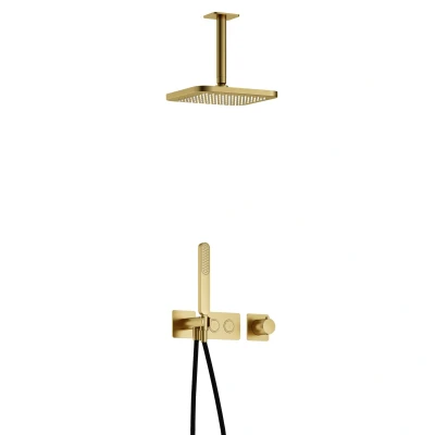 Afbeelding van Hotbath Gal Regendoucheset IBS41 Geborsteld Messing PVD Staaf Handdouche 22cm Hoofddouche 15cm Plafondbuis