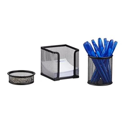 Afbeelding van Relaxdays bureau organizer set van 3 metaal pennenhouder memobox papercliphouder zwart