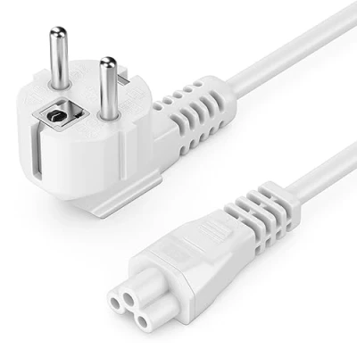 Afbeelding van deleyCON 1 m netsnoer stroomkabel geaard contact stekker type F (CEE 7/4) hoek 90 met IEC C5 2,5 ampère koppeling klaverblad voeding laptop wit