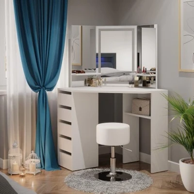 Afbeelding van Vicco Arielle hoekkaptafel, spiegel, led, kruk 111 x 142 cm, moderne slaapkamer, ladekast, opberglade, kaptafel, make up console, wit