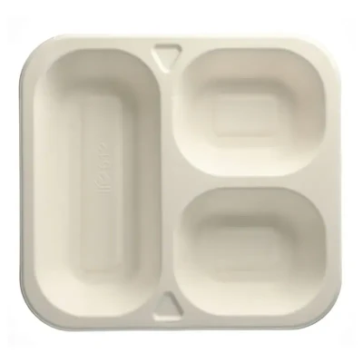 Afbeelding van Topseal Menuschalen Suikerriet &quot;Pure&quot; Rechthoek 3 Vaks OVAAL Wit 265 x 245 42mm