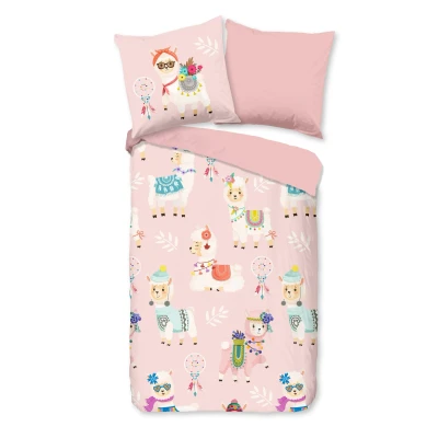Afbeelding van Dekbedovertrek voor Kinderen 135x200 cm Lama&#039;s en Dromenvangers Print Roze 1 Persoons 100% Katoen Flanel